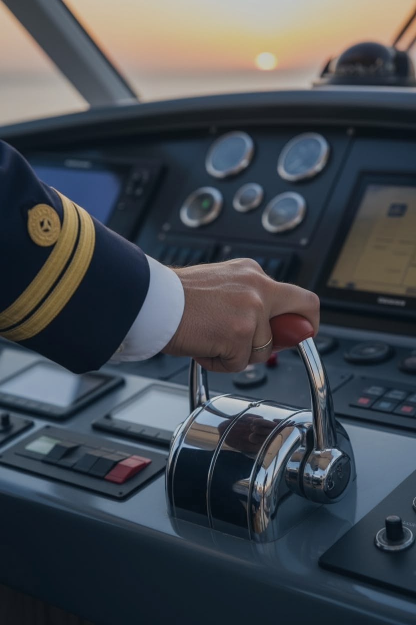 Captain’s hand gripping stainless yacht throttle controls at helm.