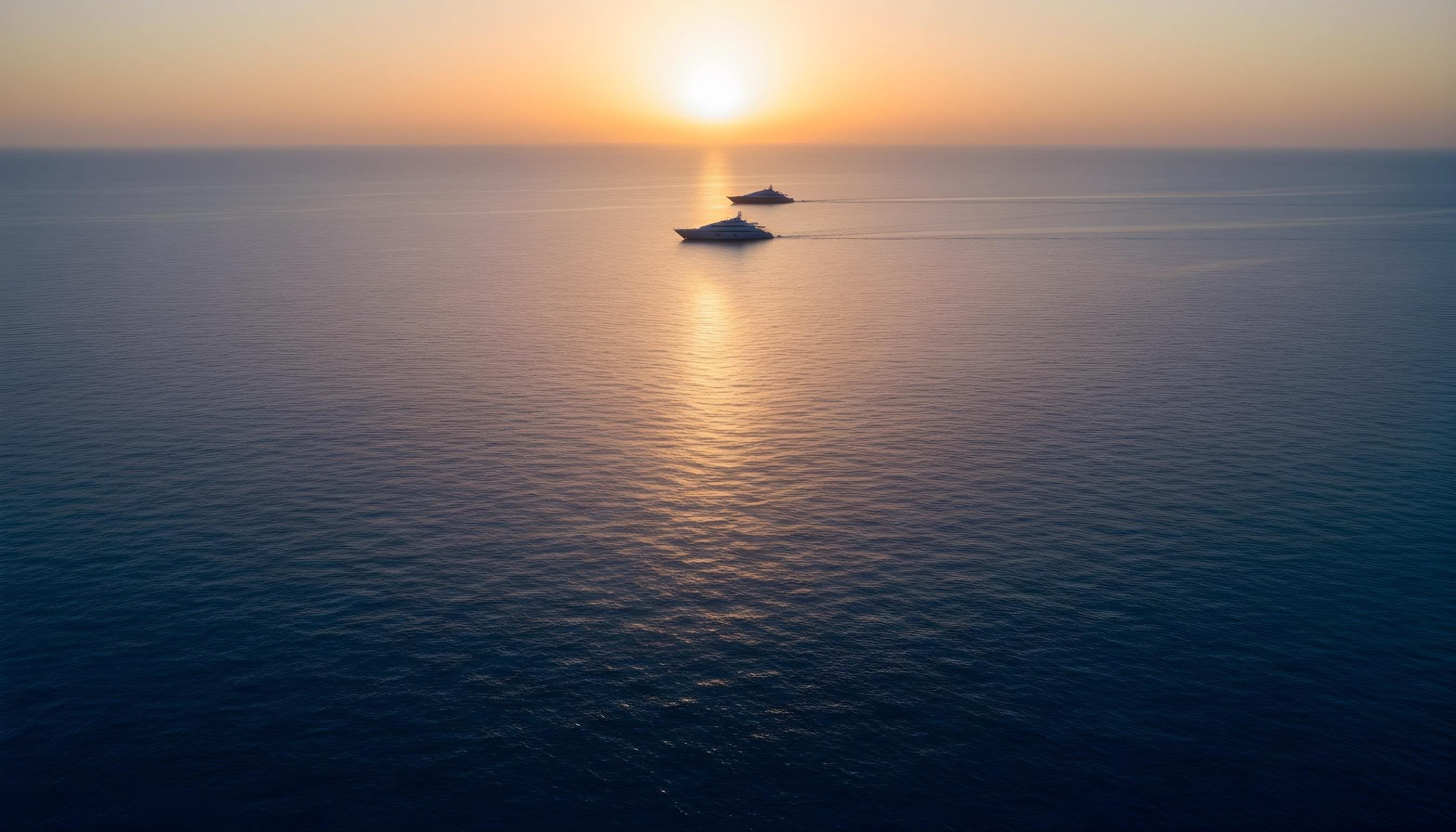 Cinematic aerial view of two luxury yachts cruising across calm ocean waters at sunset, symbolizing YPC’s partnerships and collaboration in marine luxury.