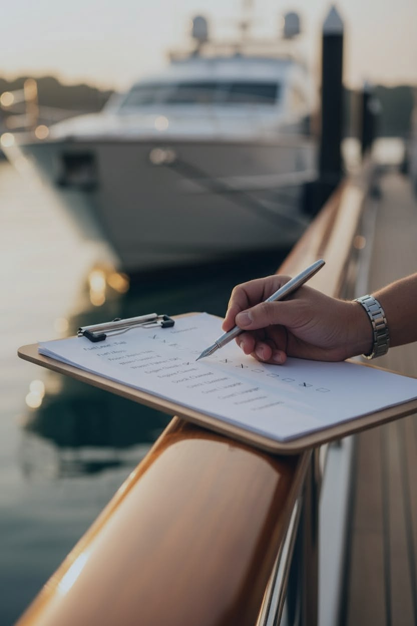 Yacht manager’s hand holding clipboard checklist on dock with yacht blurred behind.