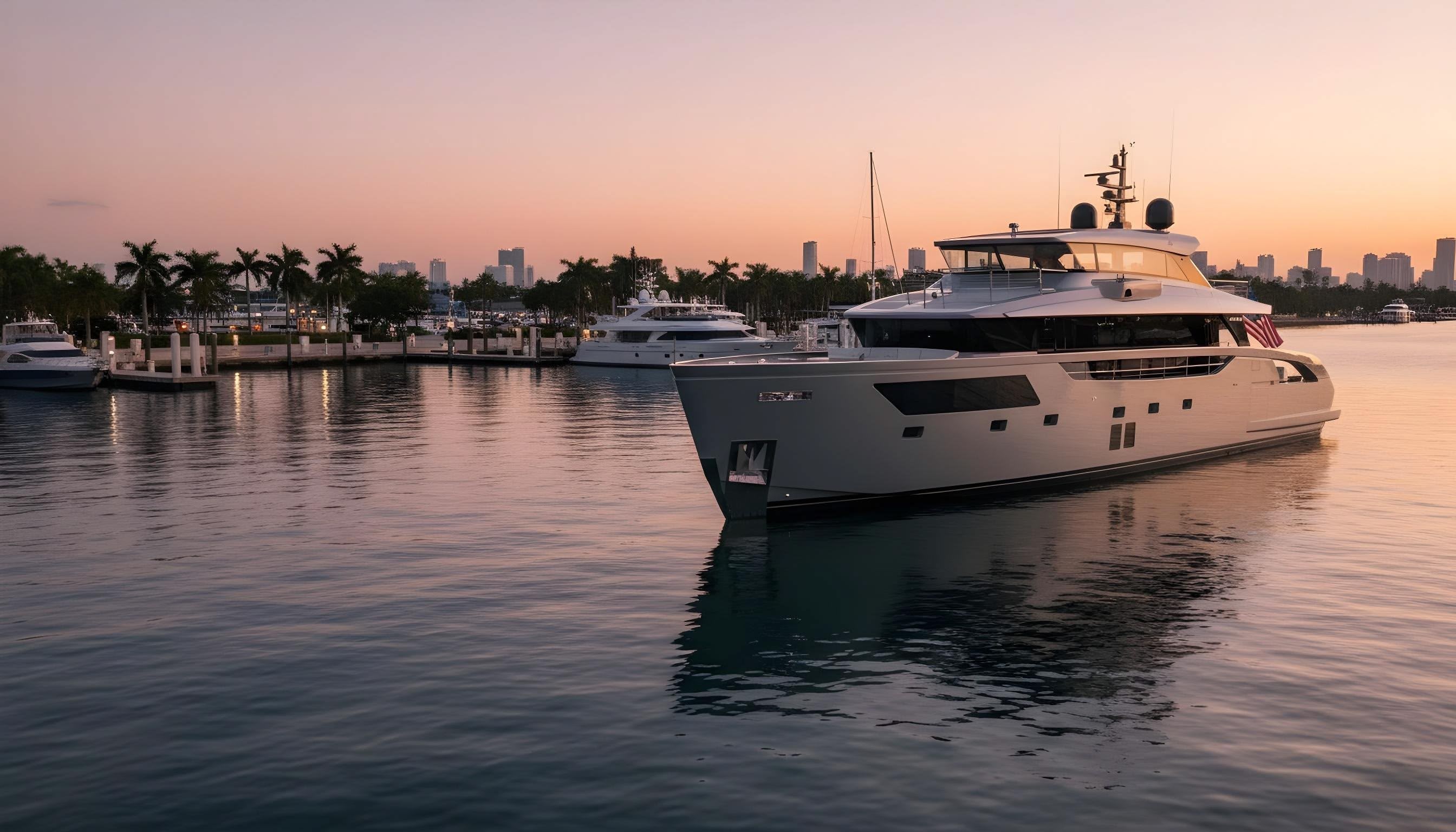 Luxury superyacht moored in a Miami marina at sunset with soft reflections on calm water, representing YPC’s heritage in professional yacht management and focus on confident marine curation.