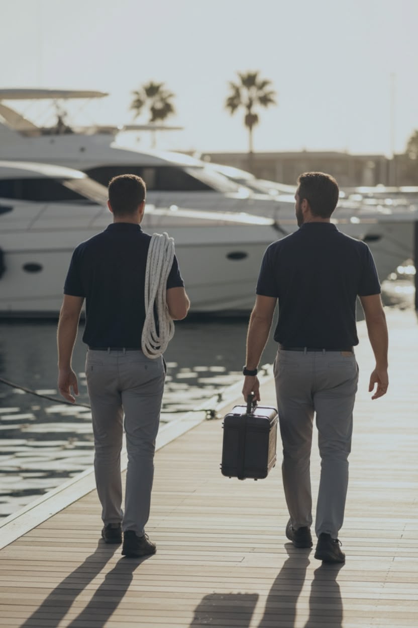 Two yacht management professionals walking along a marina dock at sunset carrying maintenance gear, symbolizing YPC’s origins in real yacht operations and trusted marine expertise.