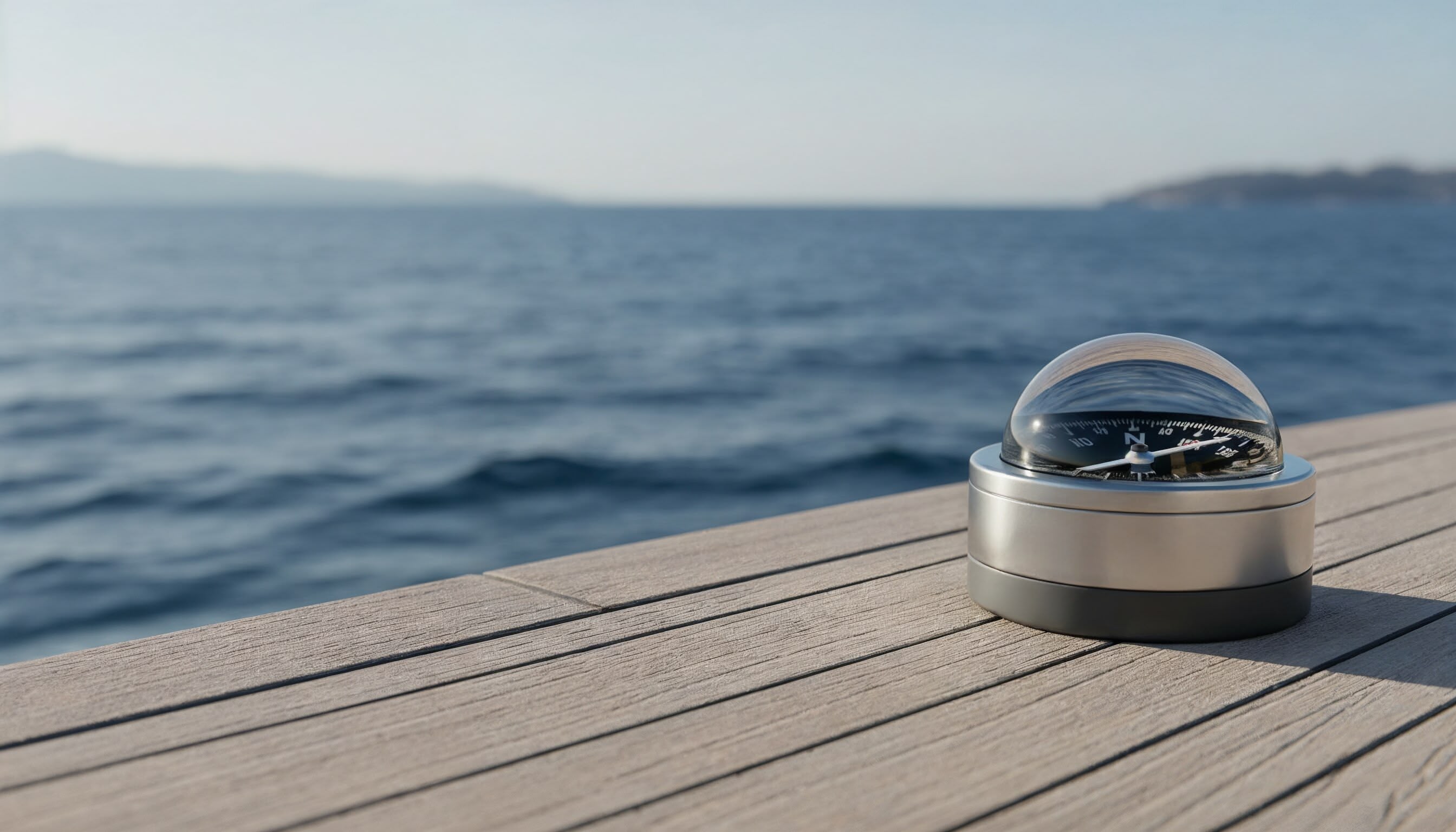 Modern handheld yacht compass resting on a sunlit teak deck with calm blue sea and horizon beyond — YPC Latest Launches Collection.