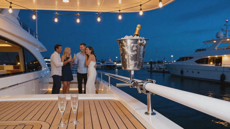 Luxury marine-grade stainless steel champagne bucket with hammered finish and rail clamp mount on modern yacht at blue hour marina, four people celebrating with champagne glasses on teak deck, professional yacht accessory for vessels 40-65 feet, corrosion-resistant horizontal rail installation.