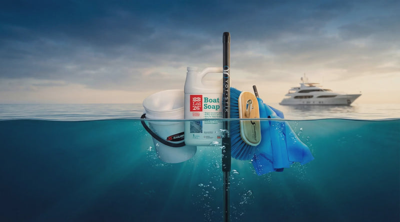 Cinematic animation of the Essential Boat Cleaning System 5-piece bundle floating on calm water with a luxury yacht in the distance, showcasing premium soap, brush, shammy mop, telescoping Yot Stik, and bucket as a complete yacht washing system.