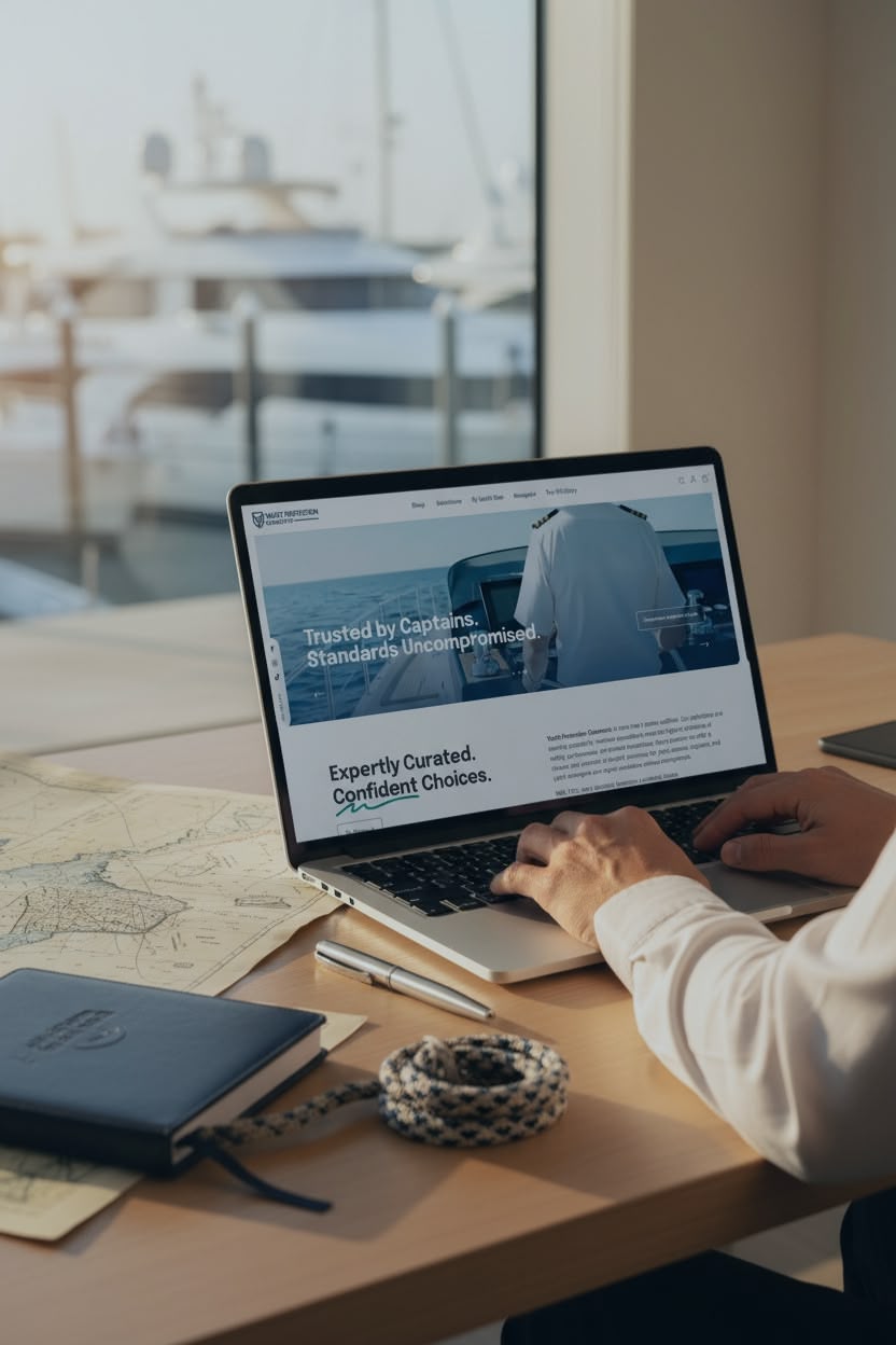 Hands using a laptop displaying the YPC website in a refined marina workspace with nautical charts and rope sample, representing YPC’s evolution from yacht management to curated marine sourcing.
