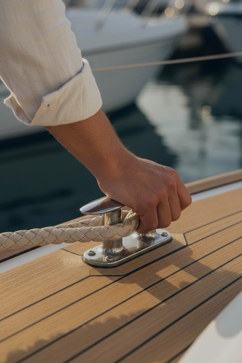 Yacht owner’s hand adjusting stainless cleat line on teak deck.