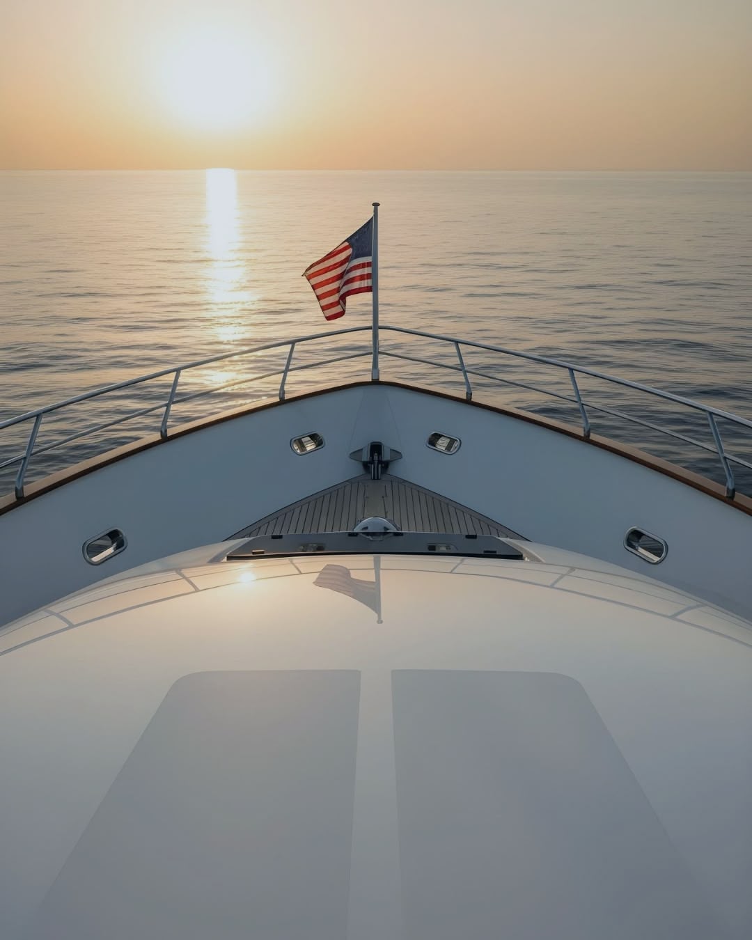 Cinematic view from the deck of a modern white superyacht at sunset, with an American flag at the bow and calm ocean horizon, representing luxury marine exploration and expertise.