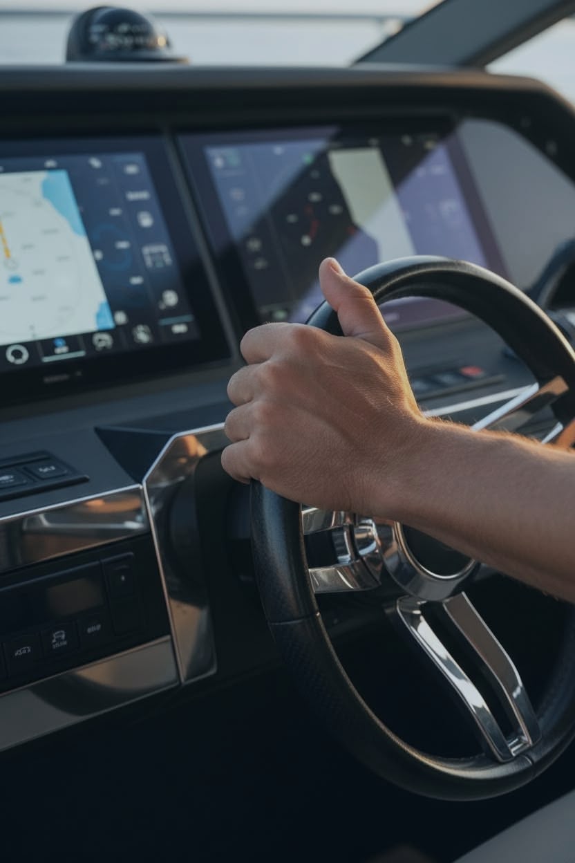 Power boater’s hand gripping carbon-fiber yacht steering wheel at modern helm.