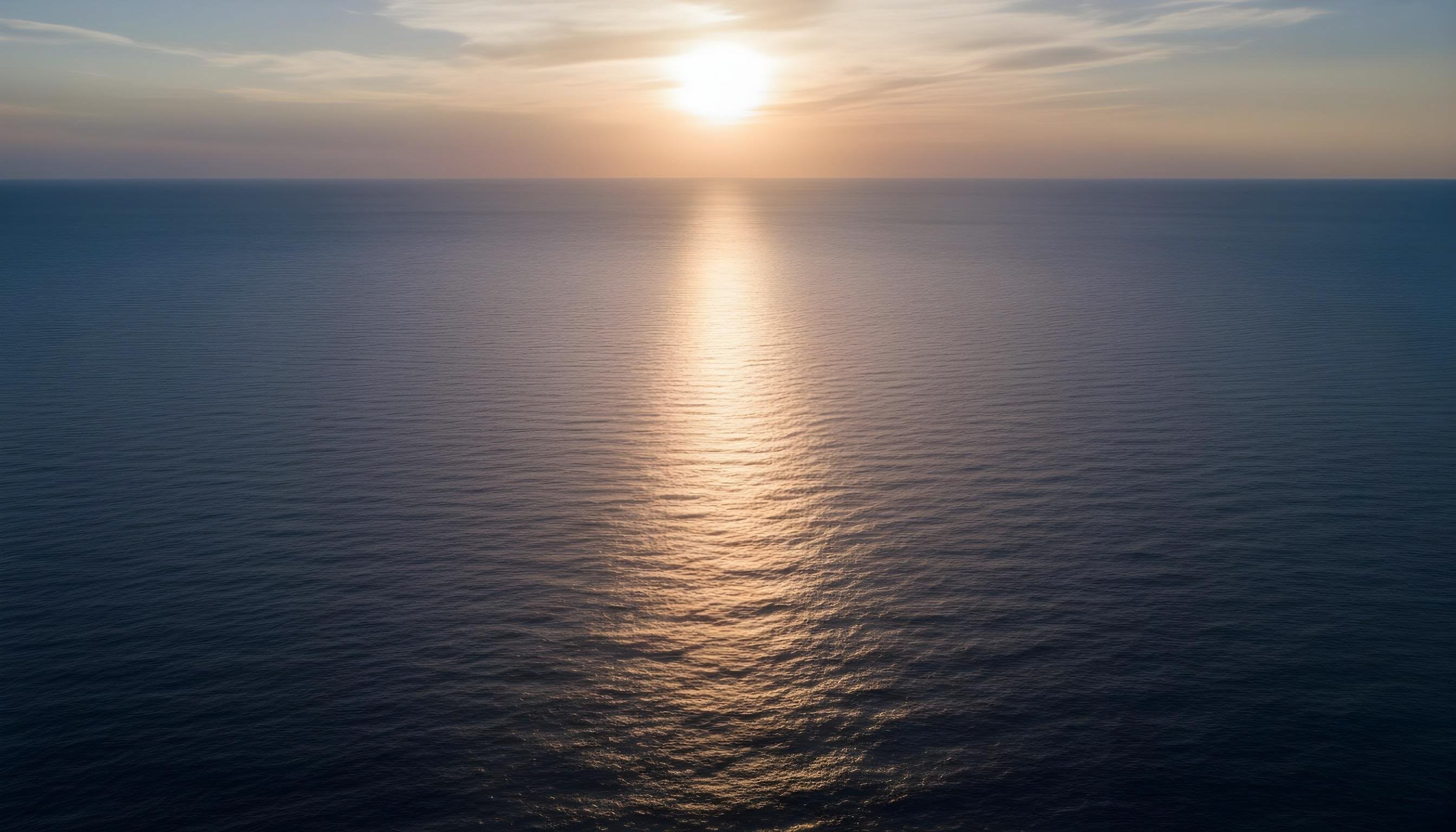 Aerial view of calm Prussian blue ocean at sunset with soft golden light path, representing the YPC Rewards experience of recognition and craftsmanship.